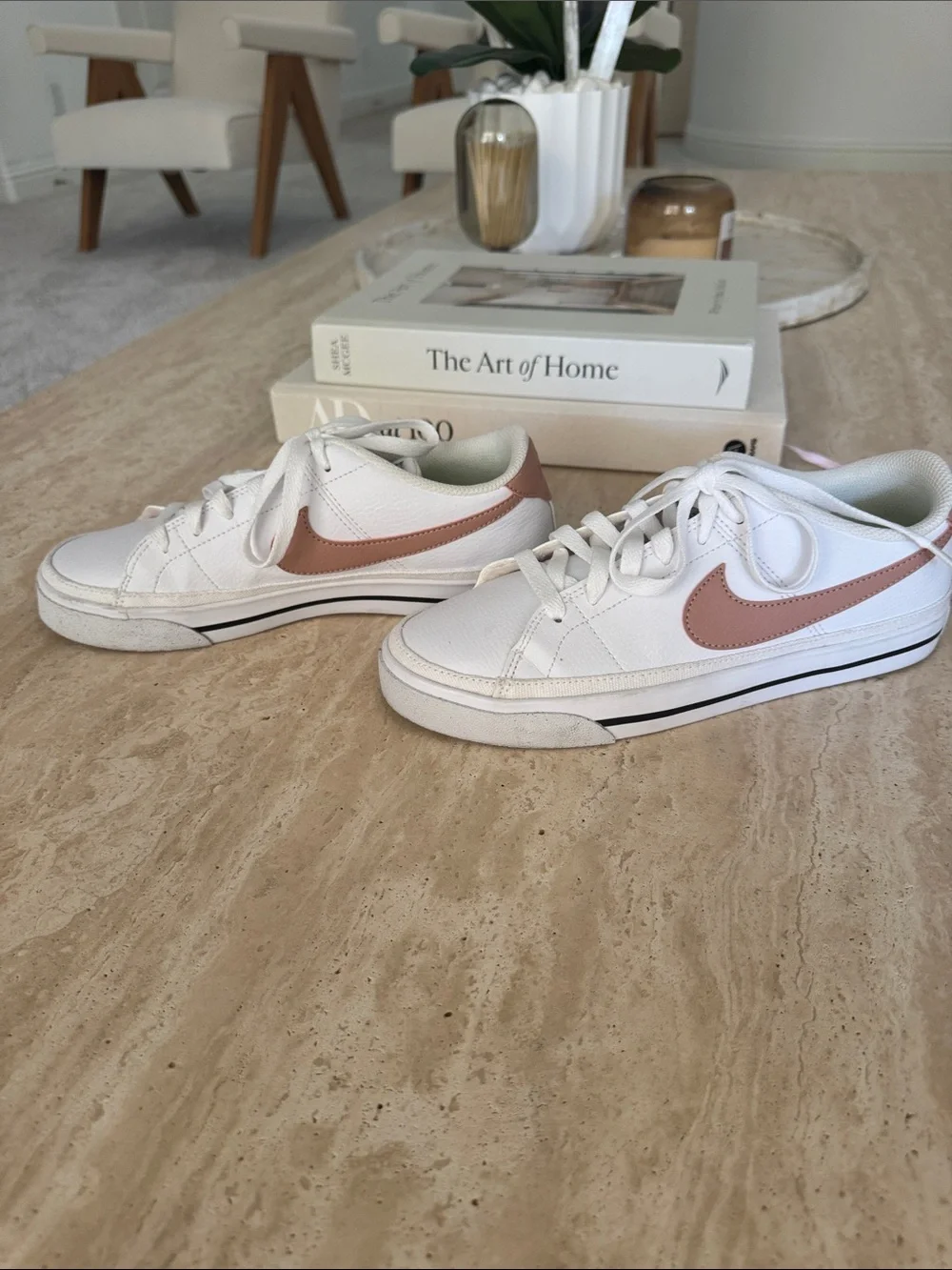 Nike White Low-Top Sneakers with Mauve Swoosh